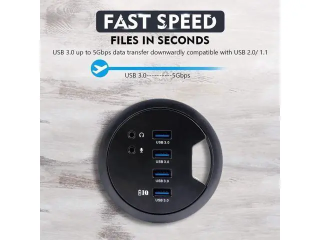 Alt view image 2 of 7 - 80MM 3.14 Inch Desk Grommet USB 3.0 Hub, 4-Port Desktop Hole Fit Multiport Hub with 3.5mm Audio Mic Jack, BC1.2 Fast Charging, 5V/2A AC Power Adapter Included for Smartphones & Office Desks