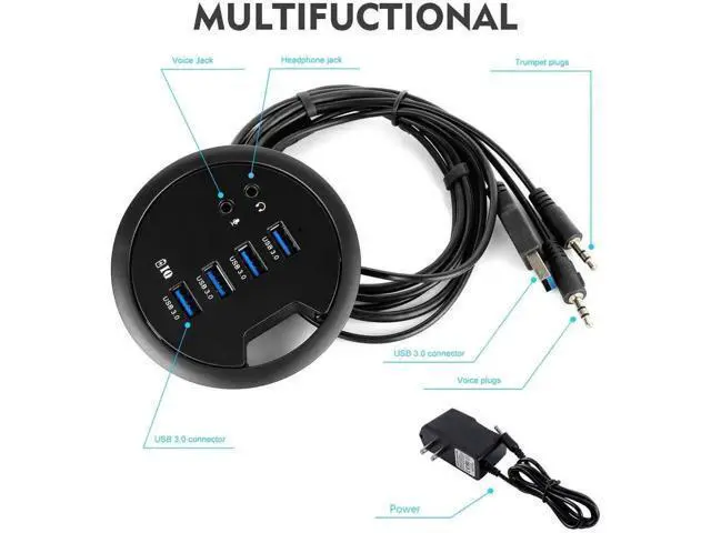 Alt view image 3 of 7 - 80MM 3.14 Inch Desk Grommet USB 3.0 Hub, 4-Port Desktop Hole Fit Multiport Hub with 3.5mm Audio Mic Jack, BC1.2 Fast Charging, 5V/2A AC Power Adapter Included for Smartphones & Office Desks