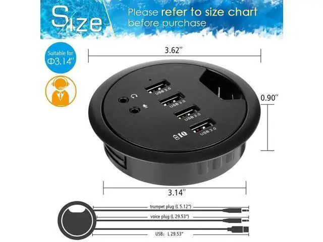 Alt view image 6 of 7 - 80MM 3.14 Inch Desk Grommet USB 3.0 Hub, 4-Port Desktop Hole Fit Multiport Hub with 3.5mm Audio Mic Jack, BC1.2 Fast Charging, 5V/2A AC Power Adapter Included for Smartphones & Office Desks