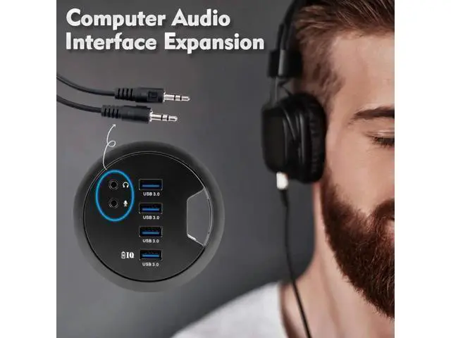 Alt view image 4 of 7 - 80MM 3.14 Inch Desk Grommet USB 3.0 Hub, 4-Port Desktop Hole Fit Multiport Hub with 3.5mm Audio Mic Jack, BC1.2 Fast Charging, 5V/2A AC Power Adapter Included for Smartphones & Office Desks