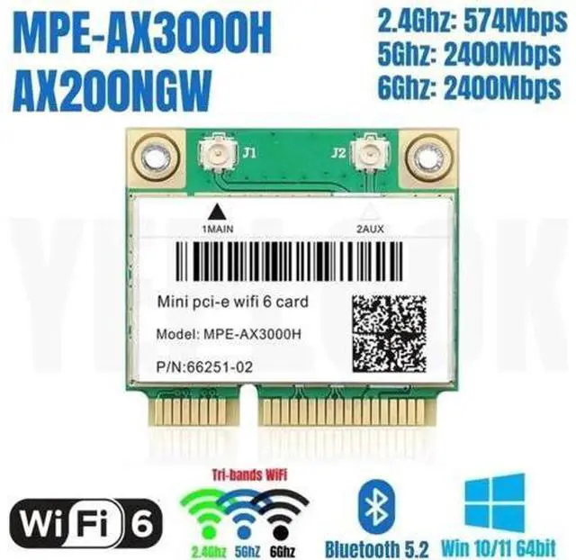Main image of MPE-AX3000H Mini PCIe WiFi 6 Network Card with AX200HMW Chip, Tri-Band 2.4G/5G/6GHz, 2400Mbps+574Mbps, Bluetooth 5.2, MU-MIMO for Laptop Upgrade