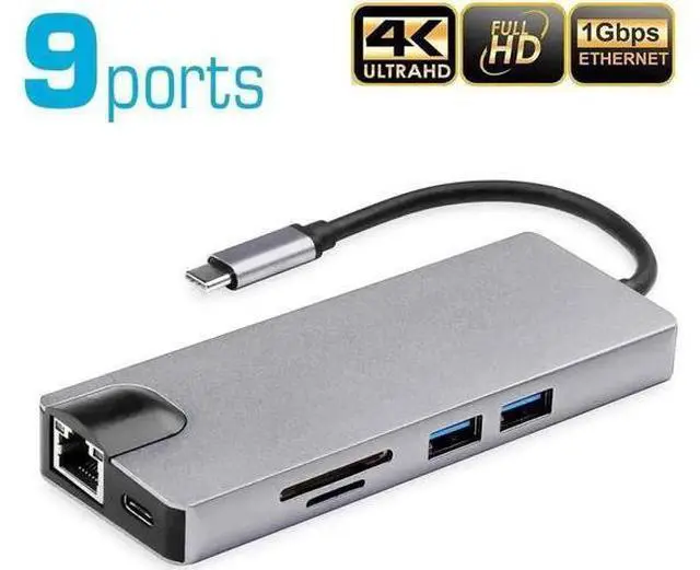 Main image of 9-in-1 USB C Multiport Hub Adapter, USB C Dongle with 4K HDMI, 1080P VGA, Gigabit Ethernet, 60W PD Charging, 2 USB3.0, SD TF Card Reader, 3.5mm Audio Mic Jack, Compatible with MacBook Pro/Air, iPad Pr