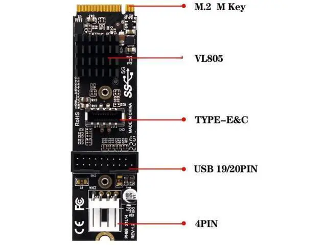 Alt view image 3 of 7 - USB 3.1 Type-E Front Panel Socket + USB 2.0 to NVME NGFF M-Key Adapter Card with VL805 Chip, 5Gbps for Motherboard