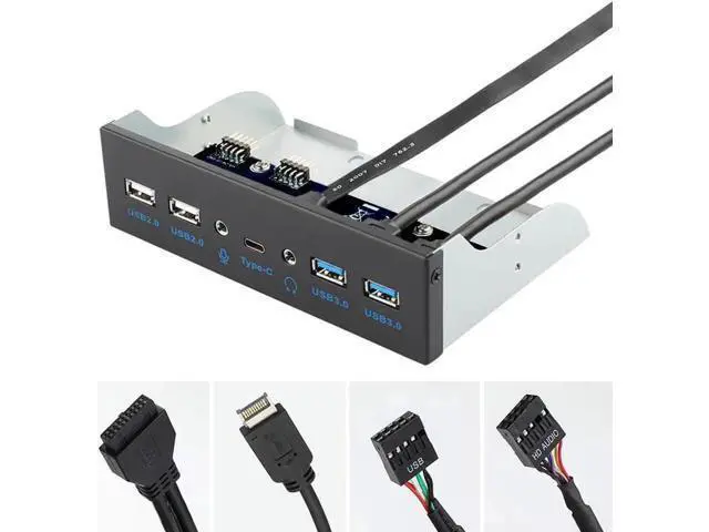 Alt view image 6 of 6 - 5.25 Inch PC Front Panel Multiport Hub, USB3.2 Gen2 10Gbps USB-C, 2×USB3.0, 2×USB2.0, 3.5mm HD Audio & Mic Jack, 7-Port Built-in Chassis Expansion Adapter with Motherboard Header Cable