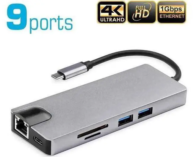 Main image of 9-in-1 USB C Multiport Hub Adapter, USB C Dongle with 4K HDMI, 1080P VGA, Gigabit Ethernet, 60W PD Charging, 2 USB3.0, SD TF Card Reader, 3.5mm Audio Mic Jack, Compatible with MacBook Pro/Air, iPad Pr