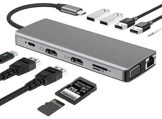 Main image of 12 in 1 USB C Triple Monitor Docking Station, Multiport Adapter Dongle with Dual HDMI VGA, 100W PD, Gigabit Ethernet, 4 USB, SD/TF, 3.5mm Mic Audio, Compatible with MacBook Dell HP Lenovo USB-C Laptop