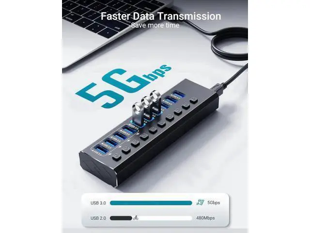 Alt view image 7 of 7 - 10-Port USB 3.0 Powered Hub, USB Splitter with 10 Data Ports + 4 Smart Charging Ports, Independent On/Off Switches for Each Port, Equipped with 12V 4A Power Adapter for Desktop PC, Laptop & Multiple P