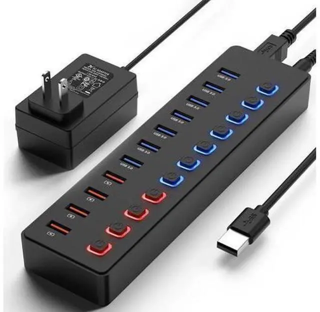 Main image of 11-Port Powered USB 3.0 Hub Splitter with 12V Power Adapter, 7 SuperSpeed Data Ports + 4 Smart Charging Ports, Independent On/Off Switches, USB Extension Dock Compatible with MacBook, Mac, Desktop PC