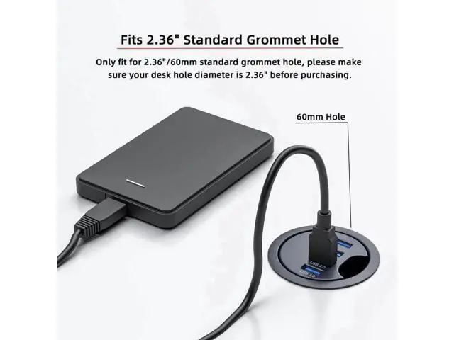 Alt view image 4 of 5 - 60mm Grommet Hole Flush Mount USB 3.0 Desktop Hub, 4-Port Built-In Table Socket Data Splitter