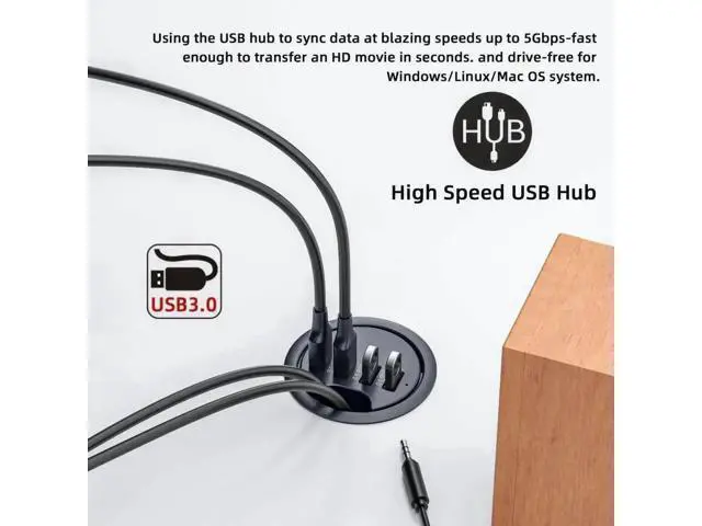 Alt view image 2 of 5 - 60mm Grommet Hole Flush Mount USB 3.0 Desktop Hub, 4-Port Built-In Table Socket Data Splitter