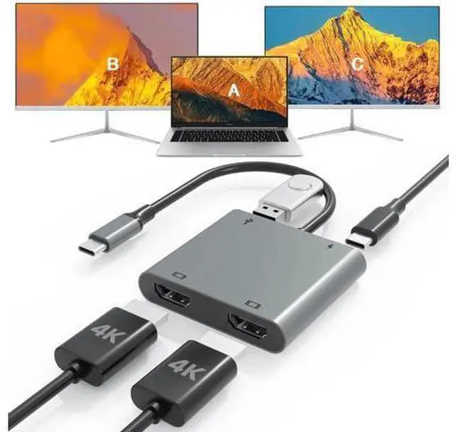 Main image of USB C to Dual HDMI MST Adapter, 4K@60Hz Dual Monitor Splitter with 100W PD Charging & Extra USB-A Port, Supports Triple Separate Extended Screens on Windows, Only Mirror Mode Available for macOS Lapto