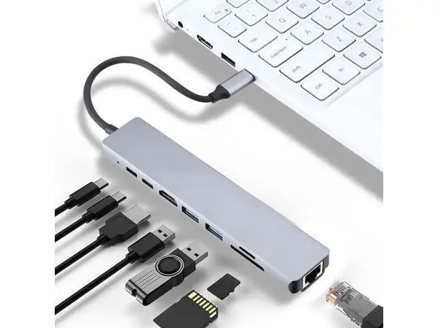 Alt view image 5 of 7 - Gray 8 in 1 Multiport USB C Hub, USB 3.0 Multiport Adapter with USB-C PD, HDMI, SD & TF Card Reader, Portable USB-C Cable Docking Station Compatible with MacBook, All USB-C Laptops & Tablets