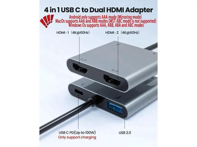 Alt view image 5 of 7 - USB C to Dual HDMI MST Adapter, 4K@60Hz Dual Monitor Splitter with 100W PD Charging & Extra USB-A Port, Supports Triple Separate Extended Screens on Windows, Only Mirror Mode Available for macOS Lapto
