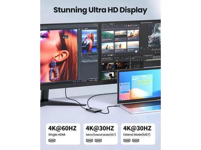 Alt view image 4 of 7 - USB C to Dual HDMI MST Adapter, 4K@60Hz Dual Monitor Splitter with 100W PD Charging & Extra USB-A Port, Supports Triple Separate Extended Screens on Windows, Only Mirror Mode Available for macOS Lapto