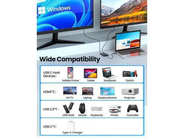 Alt view image 7 of 7 - USB C to Dual HDMI MST Adapter, 4K@60Hz Dual Monitor Splitter with 100W PD Charging & Extra USB-A Port, Supports Triple Separate Extended Screens on Windows, Only Mirror Mode Available for macOS Lapto