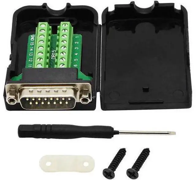 Main image of Black DB15 Breakout Terminal PCB Board with Plastic Housing & Lock Nuts, DB15 Screw Terminal Signal Splitter Module (MN Version)