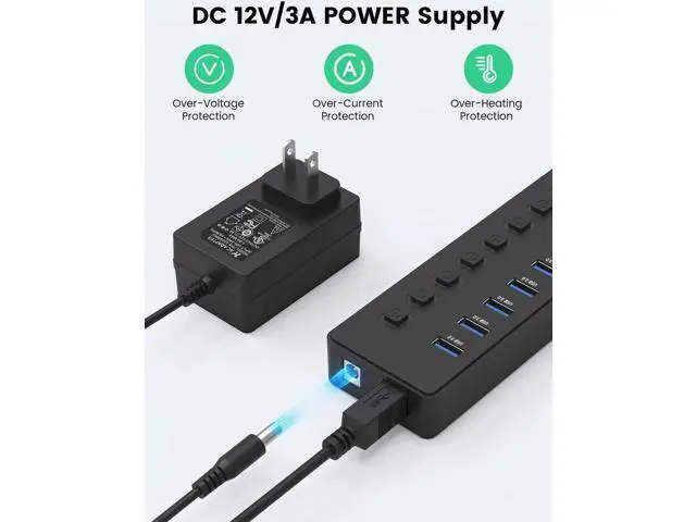 Alt view image 4 of 7 - 11-Port Powered USB 3.0 Hub Splitter with 12V Power Adapter, 7 SuperSpeed Data Ports + 4 Smart Charging Ports, Independent On/Off Switches, USB Extension Dock Compatible with MacBook, Mac, Desktop PC