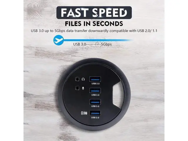 Alt view image 3 of 7 - 80MM 3.14 Inch Desk Grommet USB 3.0 Hub, 4 Port Desktop Hole Fit Multiport Hub with 3.5mm Audio Mic Jack, BC1.2 Fast Charging, 5V/2A Power Adapter Included for Phones & Desktop Office Use