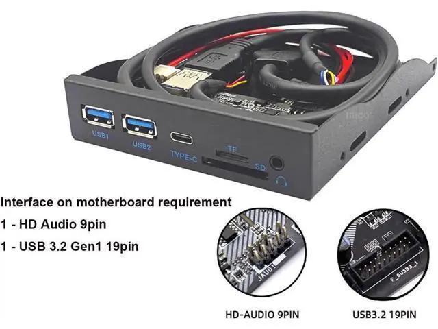 Alt view image 5 of 6 - 3.5 Inch Floppy Bay Front Panel Hub, USB3.2 Gen1 5Gbps Type-C + 2×USB-A, SD/TF Card Reader & 4-Pole 3.5mm HD Audio Jack, Internal PC Case Expansion Adapter