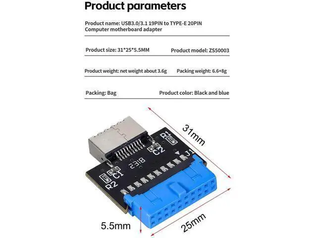Alt view image 6 of 7 - 2Pcs 180 Degree USB 3.1 Type-E Front Panel Socket to USB3.0 20Pin Header Male Extension Cable Adapter, Motherboard Internal 20Pin to Type-E Connector for PC Chassis Front Panel