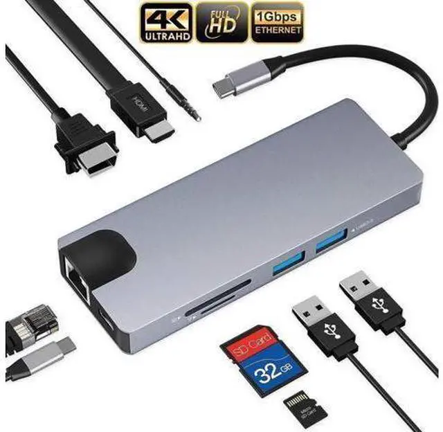Main image of 9-in-1 USB C Docking Station Multiport Hub, Thunderbolt 3 Adapter with 4K HDMI, VGA, PD Charging, Gigabit Ethernet, 2 USB3.0, SD/TF Reader & 3.5mm Audio for MacBook Pro 13/15