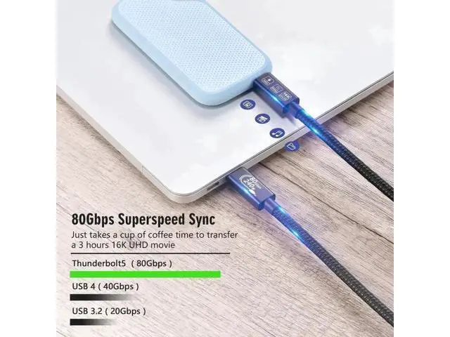 Alt view image 3 of 7 - 1.5M USB4 & Thunderbolt 5 Cable, USB-C to USB-C, 80Gbps Gen4, 240W Charging, 16K@60Hz 4K@120Hz HDR for Hubs, Docks, Laptops, SSDs & Monitors