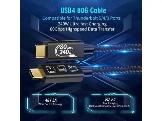 Alt view image 7 of 7 - 1.5M USB4 & Thunderbolt 5 Cable, USB-C to USB-C, 80Gbps Gen4, 240W Charging, 16K@60Hz 4K@120Hz HDR for Hubs, Docks, Laptops, SSDs & Monitors