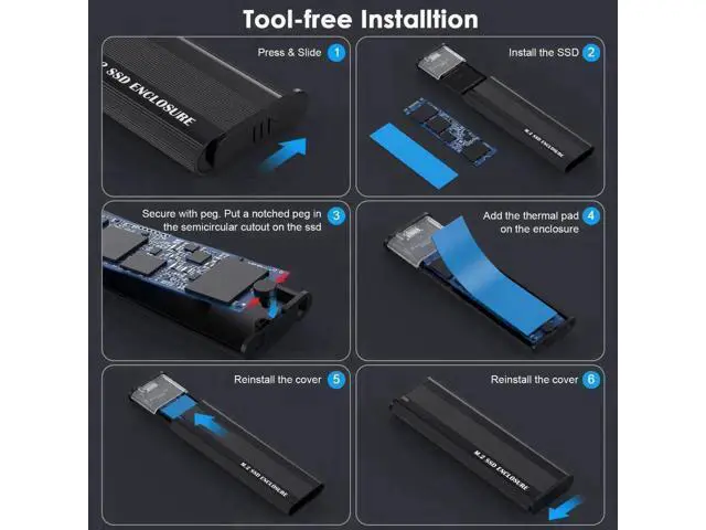 Alt view image 5 of 5 - Tool-Free M.2 SSD Enclosure USB C 3.2 Gen2 10Gbps, Dual Protocol NVMe & SATA M.2 Adapter, Fits M/B+M Key 2280/2260/2240 NGFF Solid State Drives