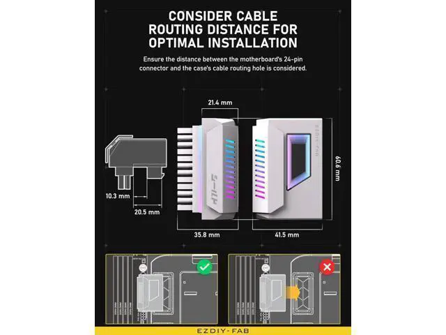 Alt view image 4 of 7 - 1 Pack White 180-Degree Angled ATX 24Pin Power Adapter with Infinity Mirror ARGB Lighting, 5V 3-Pin Addressable RGB Synchronizable 24Pin PSU Corner Connector