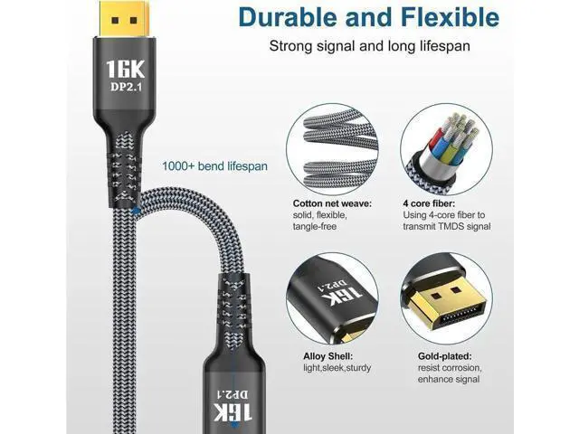 Alt view image 5 of 7 - 16.4FT DP 2.1 DP80 DisplayPort Cable, 80Gbps High Speed Cord Supports 16K@60Hz 10K@60Hz 8K@120Hz 4K@240Hz HDCP DSC1.2a HDR10 Backward DP2.0/1.4 for RTX4090 RX7900 GPU PC Gaming Monitor HDTV