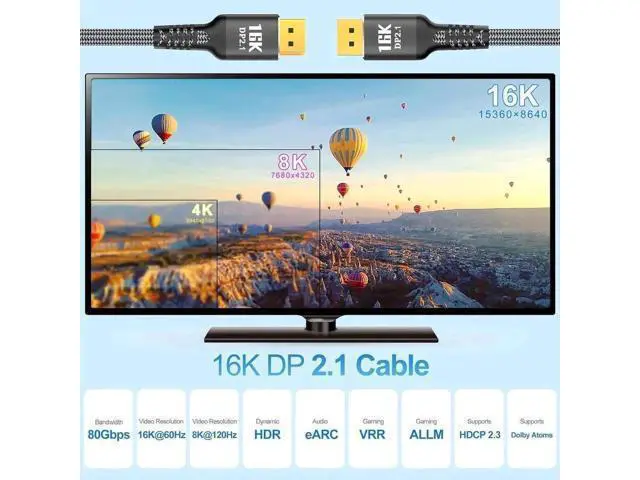 Alt view image 6 of 7 - 16.4FT DP 2.1 DP80 DisplayPort Cable, 80Gbps High Speed Cord Supports 16K@60Hz 10K@60Hz 8K@120Hz 4K@240Hz HDCP DSC1.2a HDR10 Backward DP2.0/1.4 for RTX4090 RX7900 GPU PC Gaming Monitor HDTV