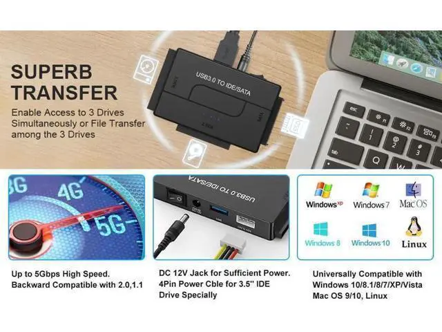 Alt view image 3 of 7 - USB 3.0 to SATA IDE Hard Drive Reader Adapter, Universal External Ultra Data Recovery Converter for 2.5" & 3.5" SATA IDE HDD SSD, Includes 12V 2A Power Supply Adapter
