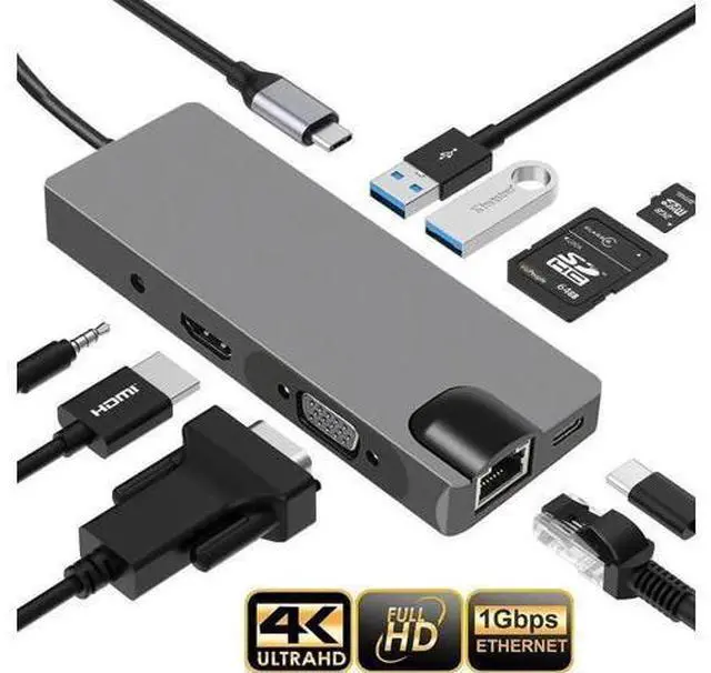 Main image of 9-in-1 USB C Multiport Docking Station, Portable Adapter with Gigabit Ethernet, 4K HDMI, VGA, 100W PD Charging, 2 USB3.0, SD/TF Reader & 3.5mm Audio Jack for MacBook Pro & All USB-C Laptops