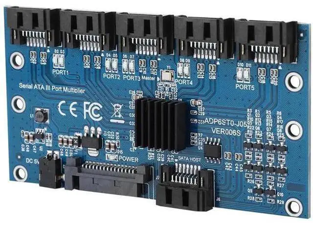 Main image of SATA 3.0 1-to-5 Port Multiplier Expansion Card, 6Gbps SATA HDD/SSD Splitter Adapter Board, JMICRON JMB575 Chip, Model ADP6ST0 J05 / ADP6ST0 J02, Motherboard SATA Port Riser with PM Function Support