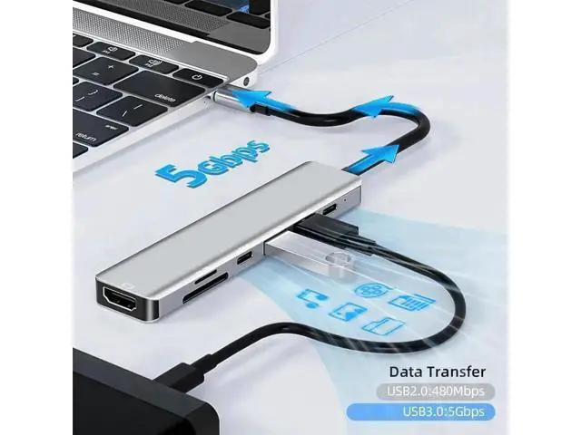 Alt view image 6 of 7 - 7-in-1 USB-C Multiport Hub Dock with 4K HDMI, SD/TF Card Reader, USB 3.0, USB 2.0, 100W PD Charging Port, Type-C Adapter Dongle Compatible with MacBook Pro & All USB-C Laptops