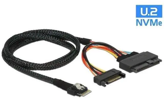 Main image of PCIe 4.0 SlimSAS SFF-8654 to SFF-8639 U.2 NVMe SSD Cable with SATA 15Pin Power, Internal Motherboard Storage Expansion Wire, 0.5M / 1.64FT Length