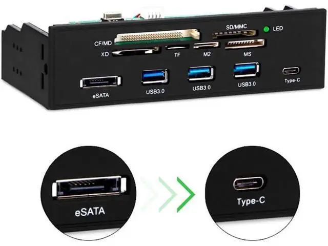 Alt view image 5 of 7 - STW-3125 5.25 Inch PC Front Panel All-in-One Media Card Reader, 3×USB3.0 + USB-C + eSATA Port, Multi-Slot Card Hub Supports MD/SD/MMC/XD/TF/M2/MS & 64GB CF Cards for Desktop Optical Drive Bay