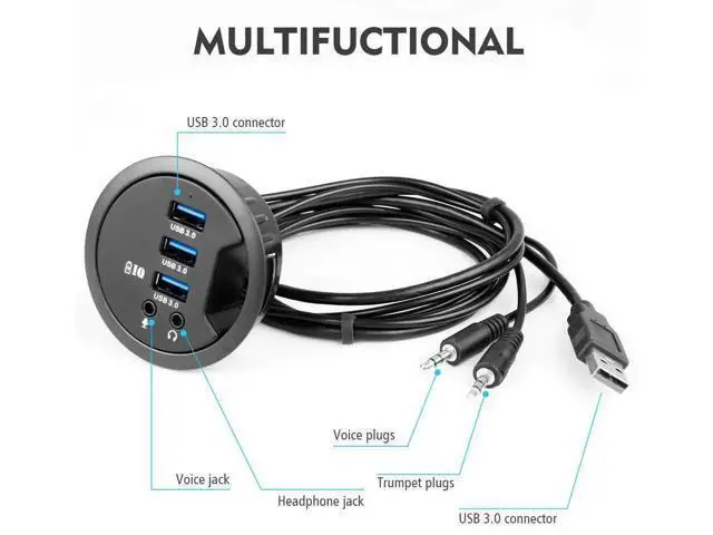 Alt view image 5 of 7 - Desk Grommet Hole USB 3.0 Hub, 3-Port USB3.0 Docking Station with BC1.2 Fast Charging & 3.5mm Audio/Mic Combo Jack, Universal Desktop Hole Mount Adapter for iPhone & Smartphones