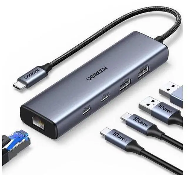 Main image of UGREEN 6-in-1 USB C to Ethernet Adapter Hub, 10Gbps USB 3.2 Multiport Dongle with 2×USB-C 3.2, USB-A 3.2/2.0, Gigabit RJ45 & Dedicated Power Port, Type-C Network Dock Compatible with Laptop, MacBook,