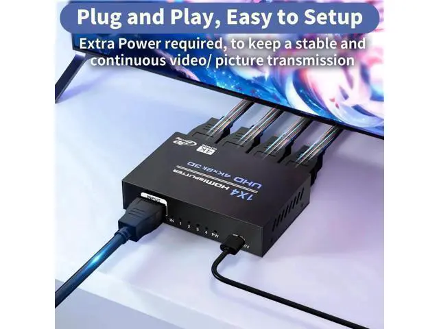Alt view image 6 of 7 - 1 In 4 Out Powered HDMI Splitter with Power Cord, 4K@30Hz 1×4 Mirror Screen Duplicator Supports Ultra HD 3D 1080P HDCP 1.4 for HDTV STB DVD PS3/PS4/PS5 Projector