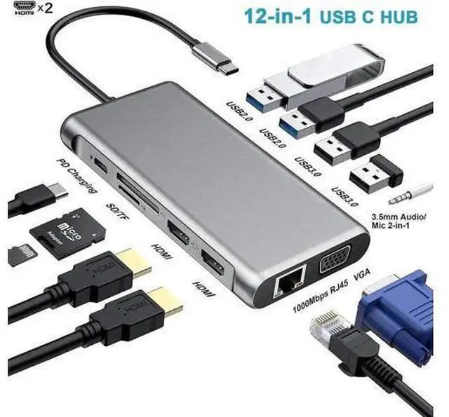 Main image of 12-in-1 Triple Display USB C Docking Station, USB C Multiport Adapter with Dual HDMI, VGA, Gigabit Ethernet, 100W PD Charging, 2 USB3.0, 3 USB2.0, SD TF Card Reader, 3.5mm Audio Jack, Compatible with
