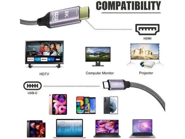 Alt view image 5 of 7 - 1.8m USB3.1 Type-C to HDMI 2.1 Cable, 48Gbps, 8K@30Hz & 4K@120Hz UHD HDR, Compatible with Thunderbolt 3 for TV, Projector & Monitor