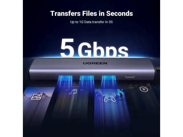 Alt view image 2 of 6 - UGREEN 5 in 1 USB 3.0 Hub with Gigabit Ethernet Adapter, Multiport USB LAN Dongle with 3×USB 3.0 + RJ45 + USB-C Power Port, Plug and Play Compatible with MacBook, Dell XPS, Windows 11 Laptops
