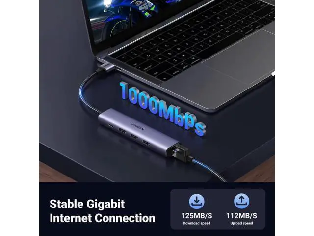 Alt view image 3 of 6 - UGREEN 5 in 1 USB 3.0 Hub with Gigabit Ethernet Adapter, Multiport USB LAN Dongle with 3×USB 3.0 + RJ45 + USB-C Power Port, Plug and Play Compatible with MacBook, Dell XPS, Windows 11 Laptops