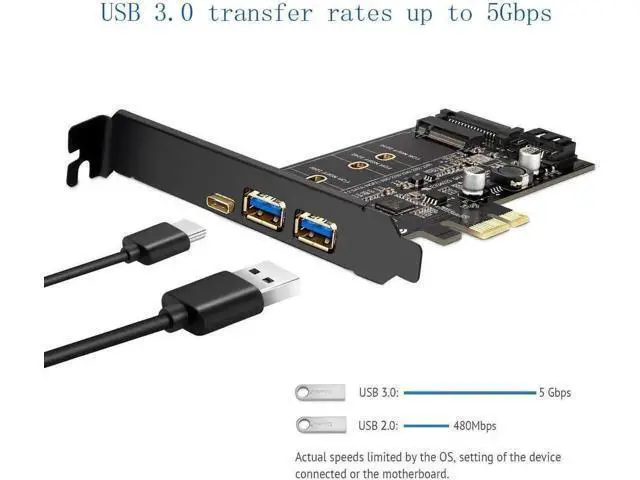 Alt view image 5 of 7 - PCIe to USB 3.0 Expansion Card with 1 USB-C + 2 USB-A Ports, SATA Input to NGFF M.2 Output (SATA M.2 Only, NVME Unsupported), Low Profile Flat Bracket Included