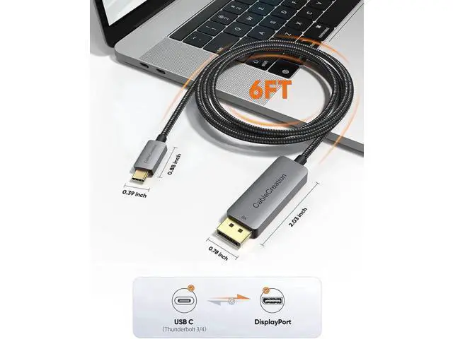 Alt view image 5 of 7 - 6FT USB-C to DisplayPort 1.4 Cable, 32.4Gbps, 8K@60Hz, 4K@144Hz, 2K@240Hz, HDR, Thunderbolt 3/4 Compatible for Rift S, MacBook, XPS 13/15, Surface Pro