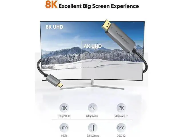 Alt view image 7 of 7 - 6FT USB-C to DisplayPort 1.4 Cable, 32.4Gbps, 8K@60Hz, 4K@144Hz, 2K@240Hz, HDR, Thunderbolt 3/4 Compatible for Rift S, MacBook, XPS 13/15, Surface Pro