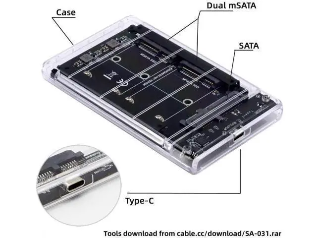 Alt view image 4 of 7 - Dual mSATA SSD Bridge Adapter with JBOD RAID0 Span Mode, Convert Dual Mini-SATA SSD to USB3.0 Type-C 2.5 Inch SATA Combo External Enclosure