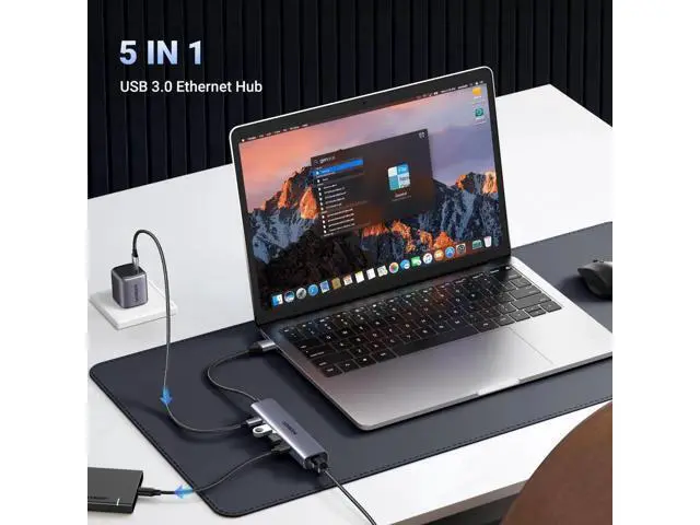 Alt view image 6 of 6 - UGREEN 5 in 1 USB 3.0 Hub with Gigabit Ethernet Adapter, Multiport USB LAN Dongle with 3×USB 3.0 + RJ45 + USB-C Power Port, Plug and Play Compatible with MacBook, Dell XPS, Windows 11 Laptops