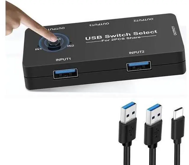 Main image of 2-Port USB 2.0 Peripheral Switch Selector, 2 Computers Share 4 USB Devices, One-Button Switch Box for Keyboard Mouse Scanner Printer, 2 USB Cables Included